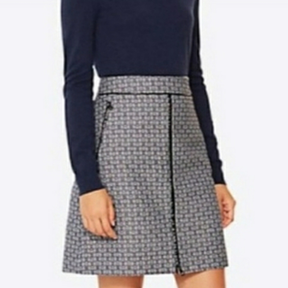 TORY BURCH Navy Blue Chaumont Ivory Geometric Print Zipper Pencil Skirt 8 NWT M